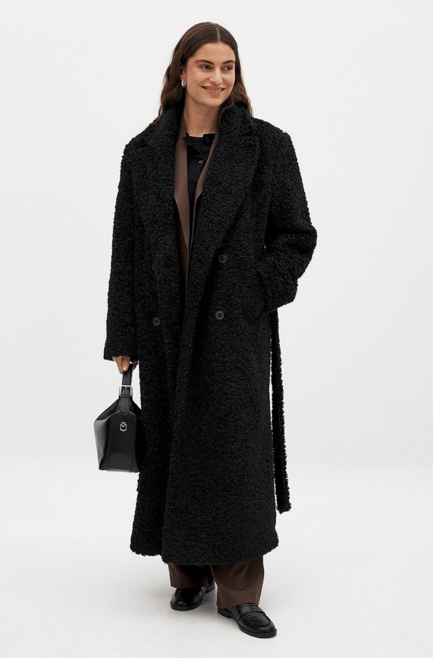 Long black teddy coat.
