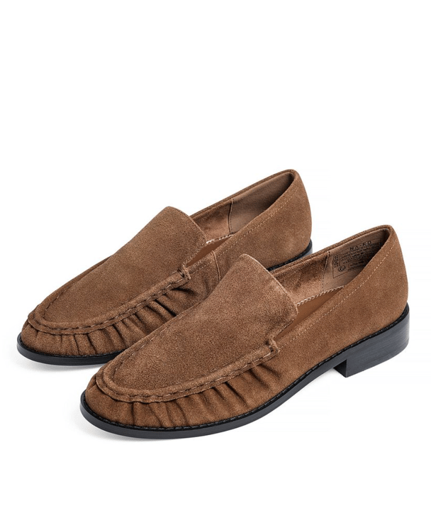 Suede brown loafers.