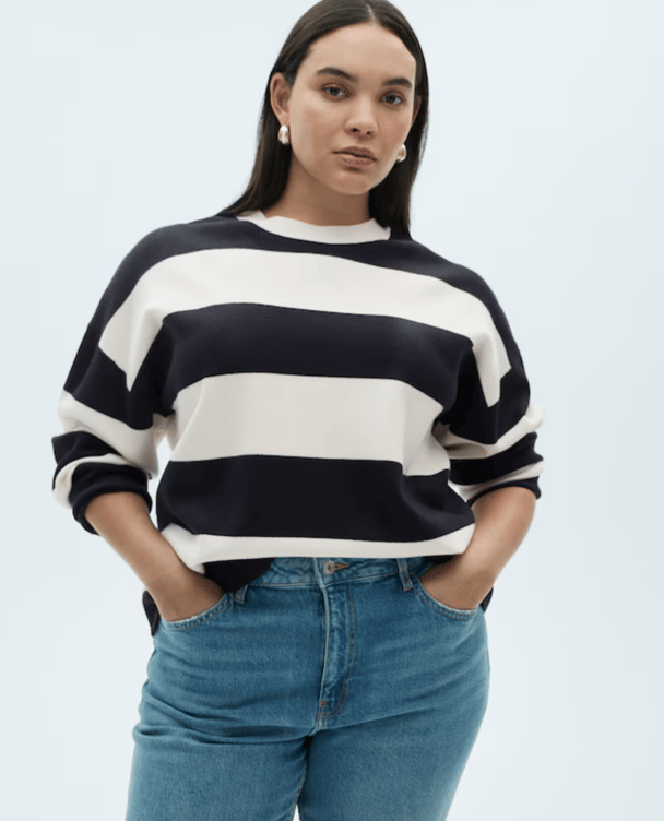 Round neck striped navy and white sweater.