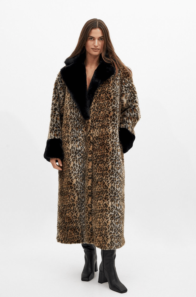 NA-KD faux leopard coat.