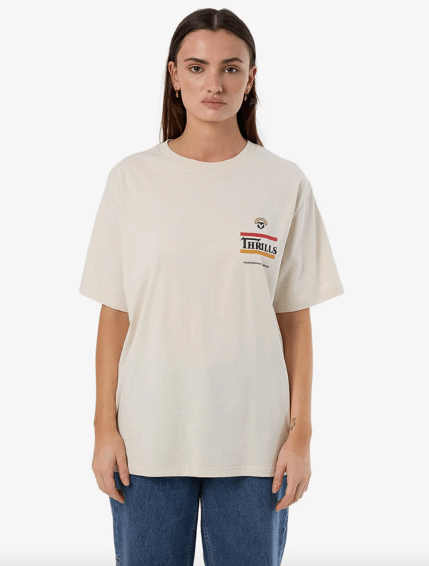 woman wearing Thrills tee.