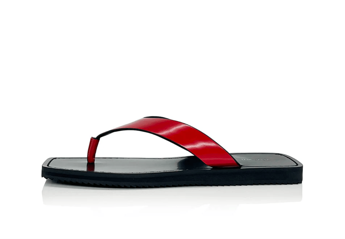Red patent leather thongs.