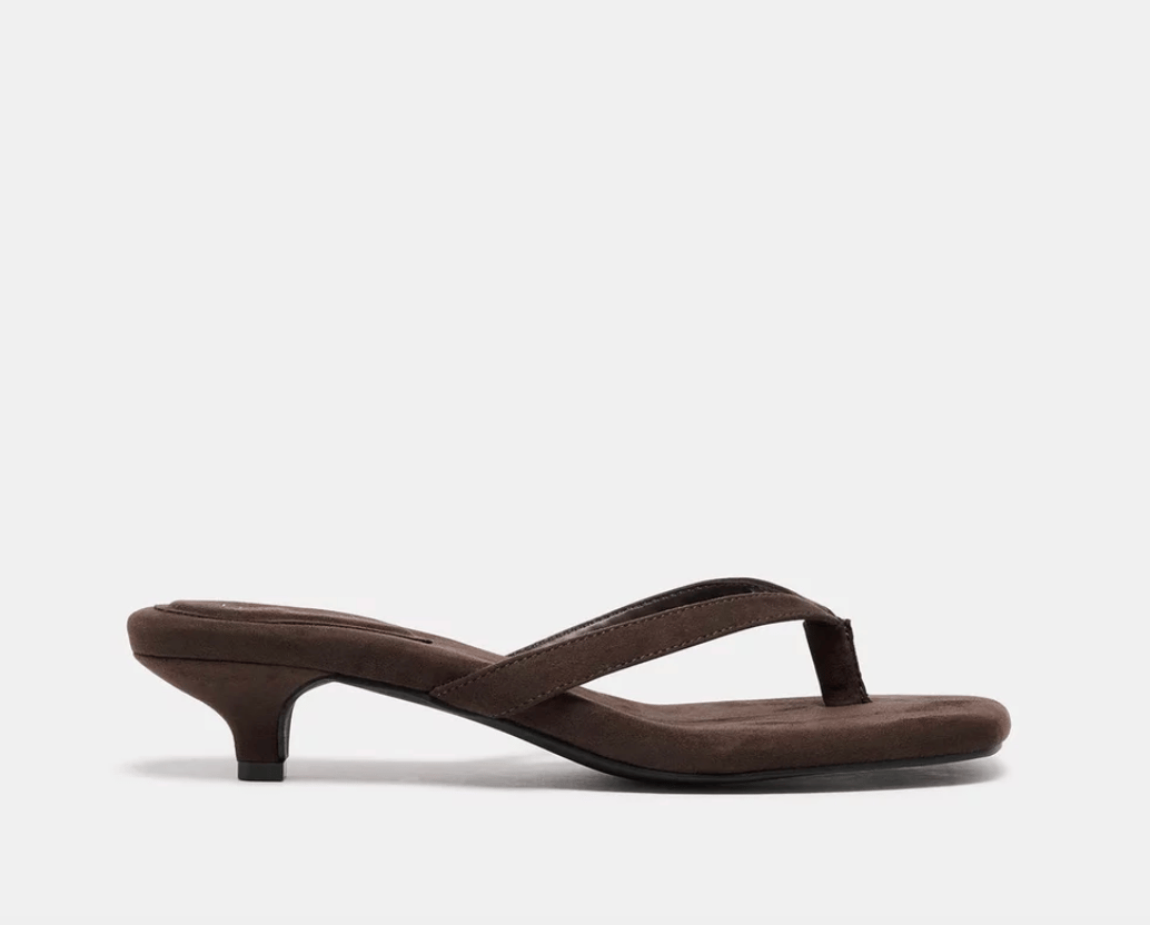 Faux suede thong heels.