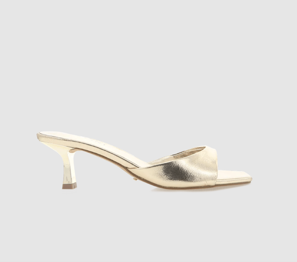 Metallic mule heels.