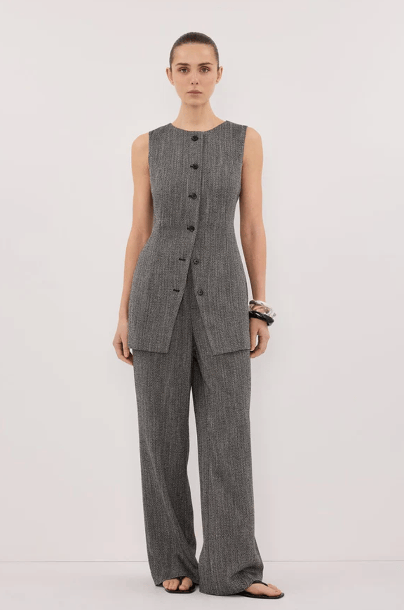 DISSH Manhattan Charcoal Tweed Tunic Vest and Manhattan Charcoal Tweed Pant.