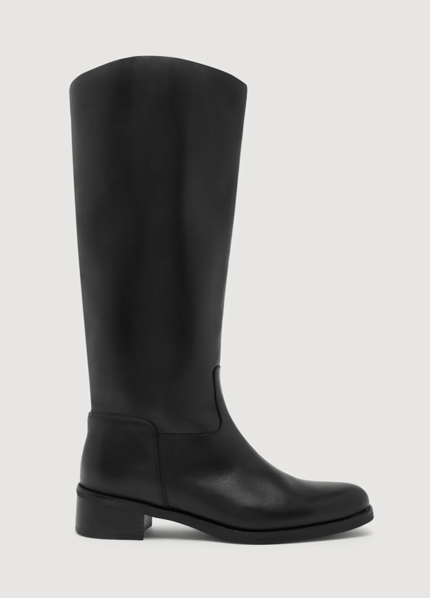 Black calf-length boots are trending.