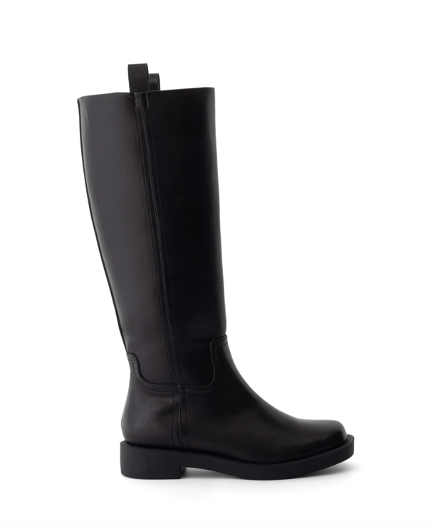 Black calf-length boots are trending.