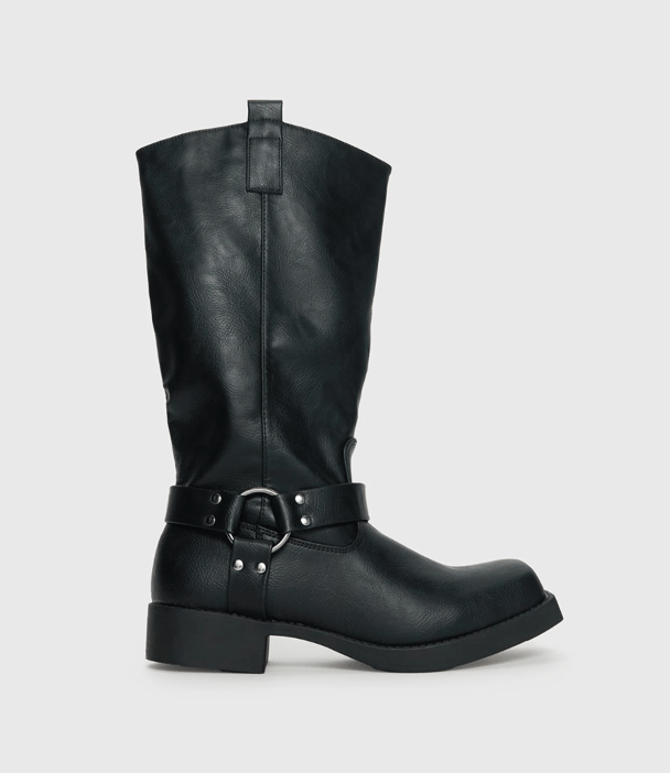 Black calf-length boots are trending.