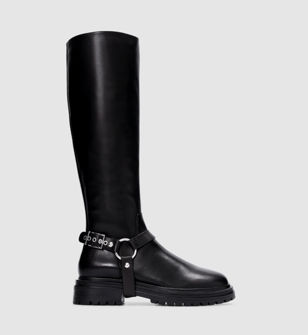 Black calf-length boots are trending.