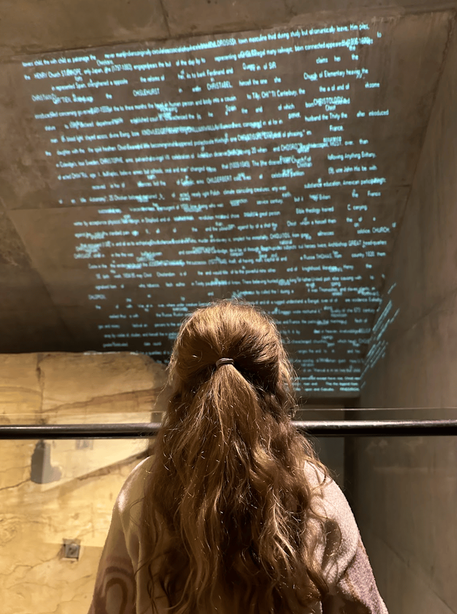 A girl visiting Bit.fall (The Waterfall of Words) by Julius Popp at the Museum of Old and New Art (MONA) in Hobart.