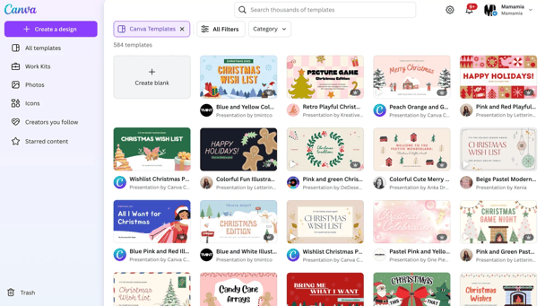 Canva templates for Christmas Wishlist.
