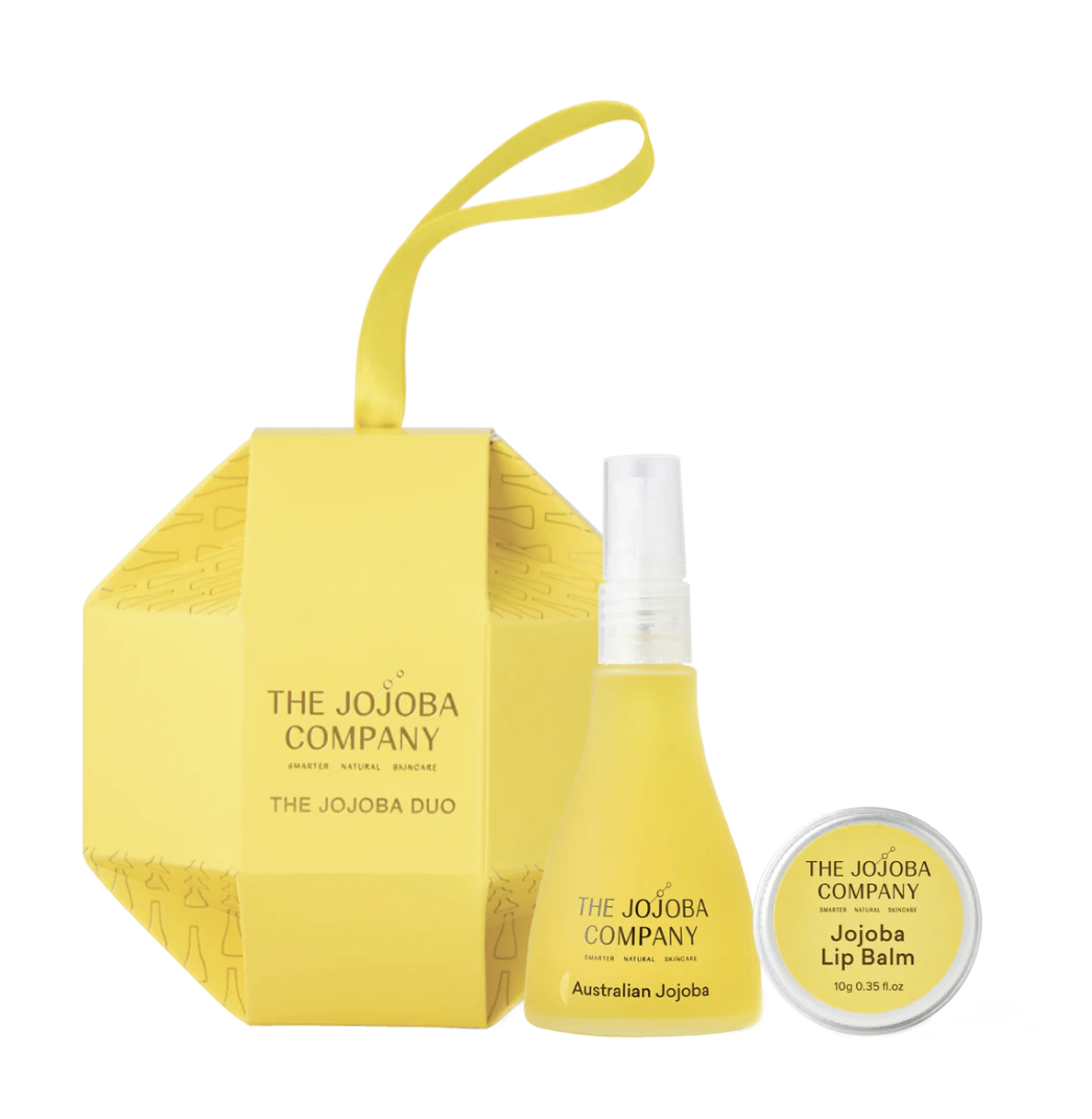 Jojoba Company oil and lip balm in a holiday set. 