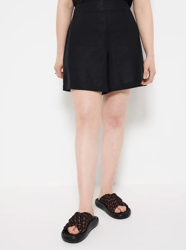 black linen bermuda shorts, chunky sandals