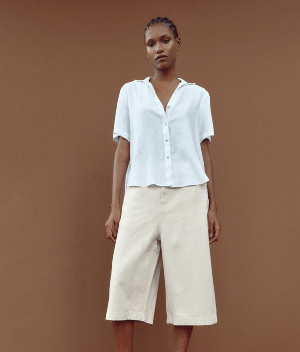 denim white bermuda shorts, white polo short sleeves