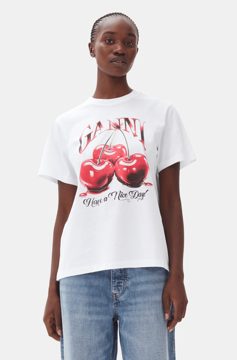 white oversized graphic tee with cherry print design australia