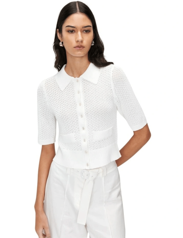 white knit polo top quiet luxuy fashion crochet button-up cardigan
