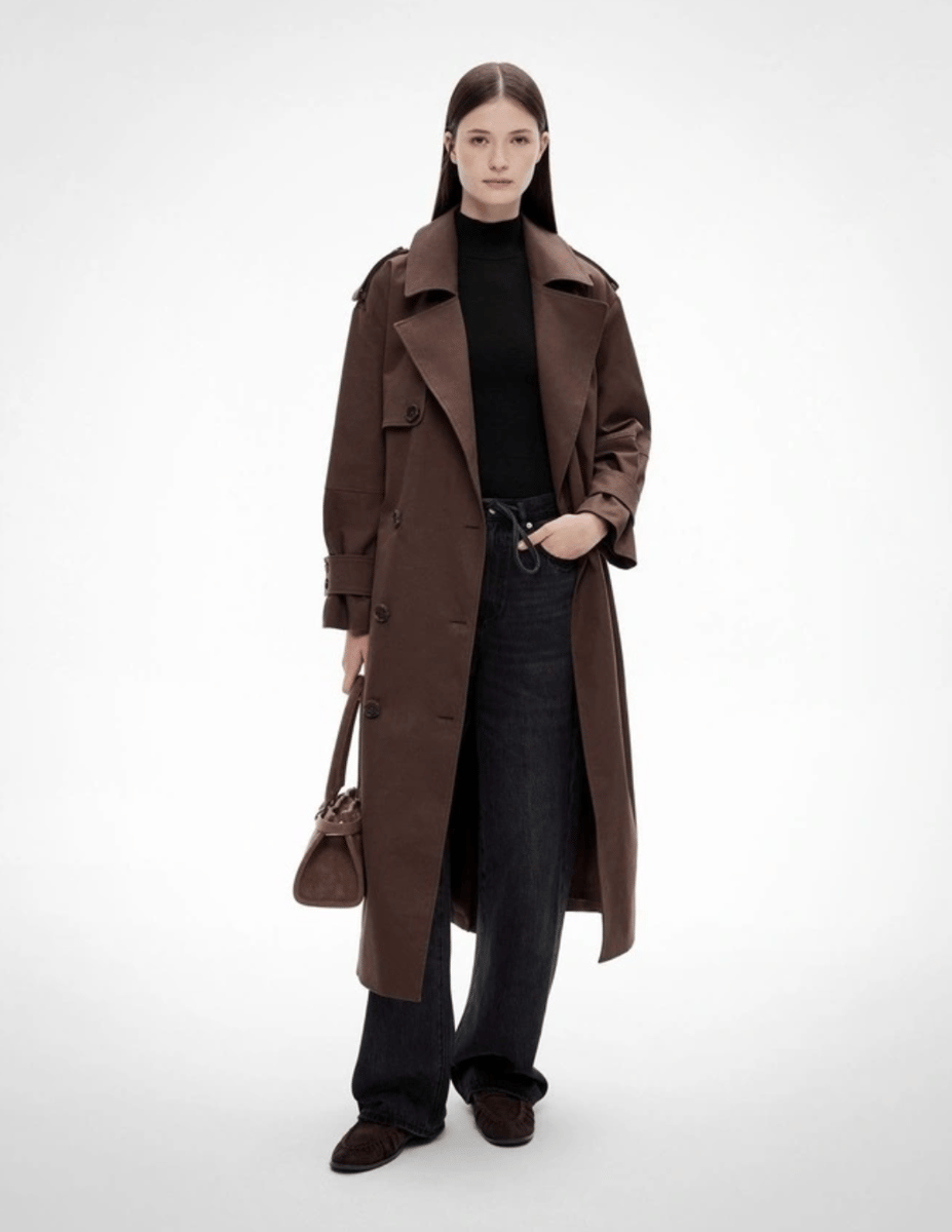 woman wearing classic trench coat in mocha from Witchery