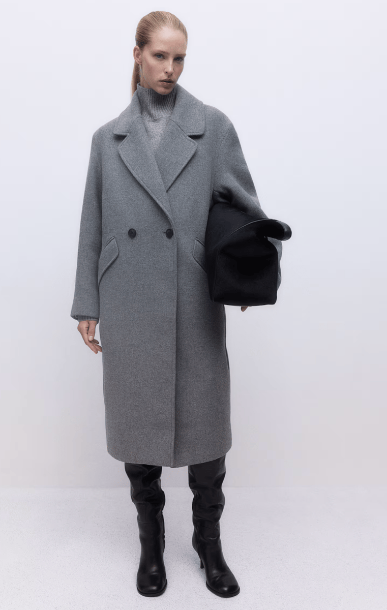 woman wearing double breasted coat in grey from H&M