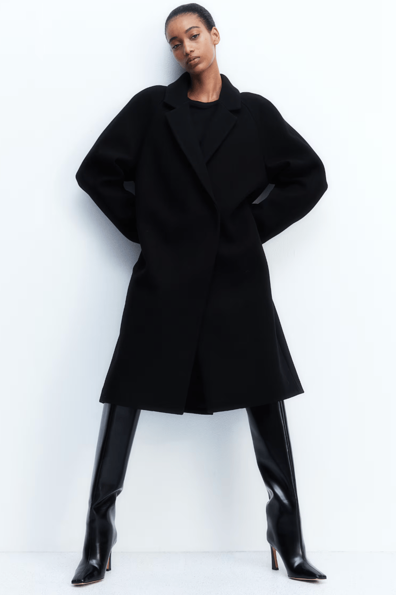 woman wearing double breasted coat in black from H&M