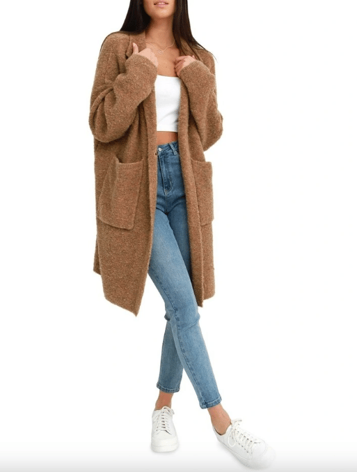 woman wearing brown cardigan from Belle & Bloom