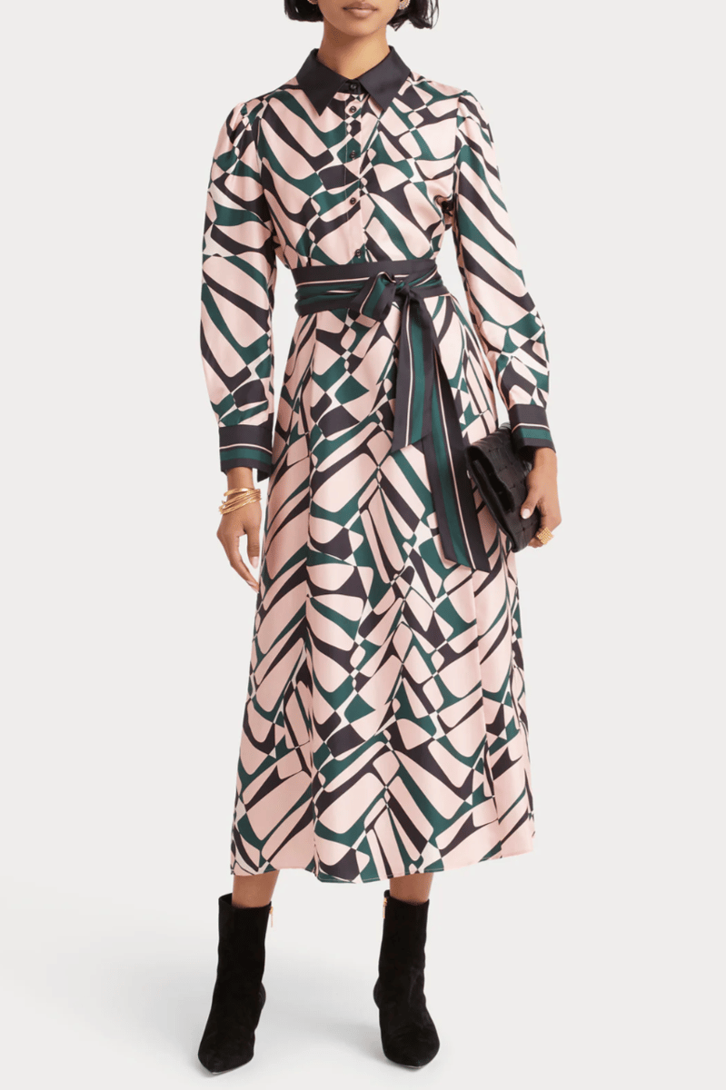 tie-knot print midi length silk twill dress