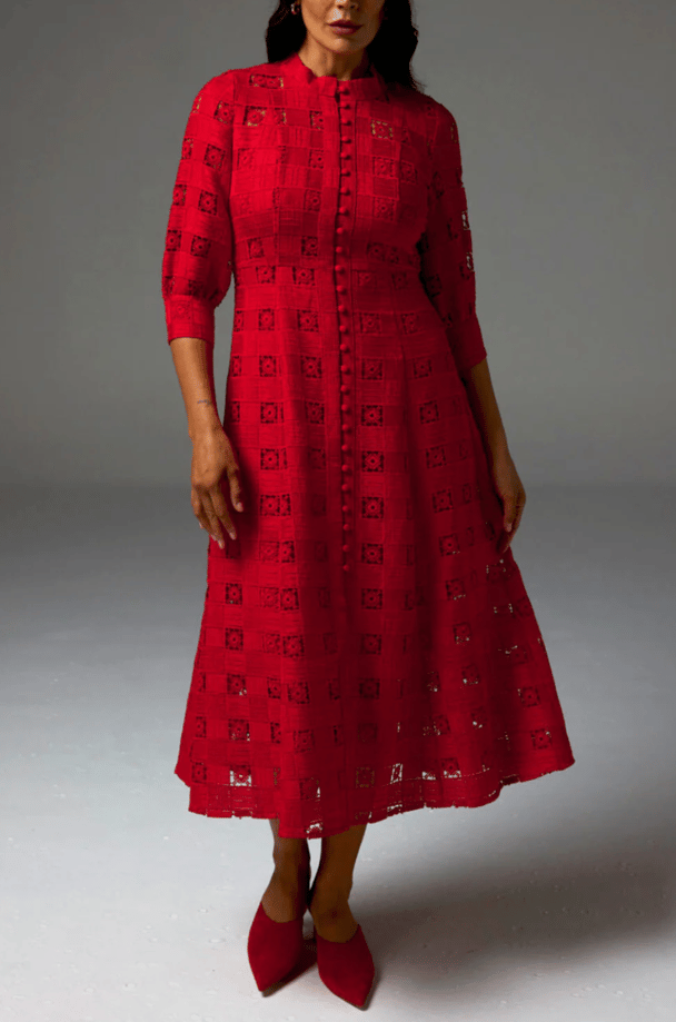 red midi length all-lace dress for any event
