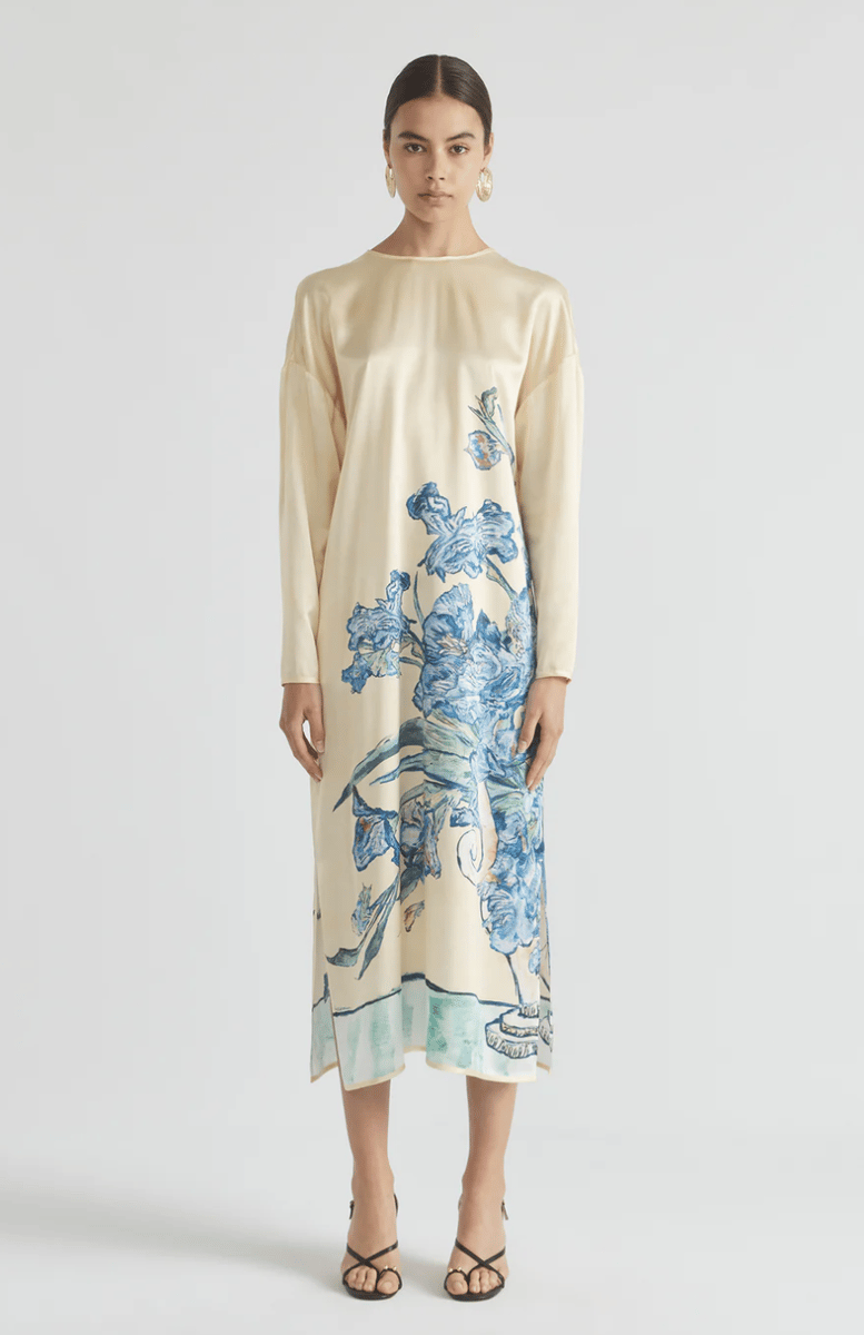 hand-drawn floral design long sleeve column dress in butter yellow for any event