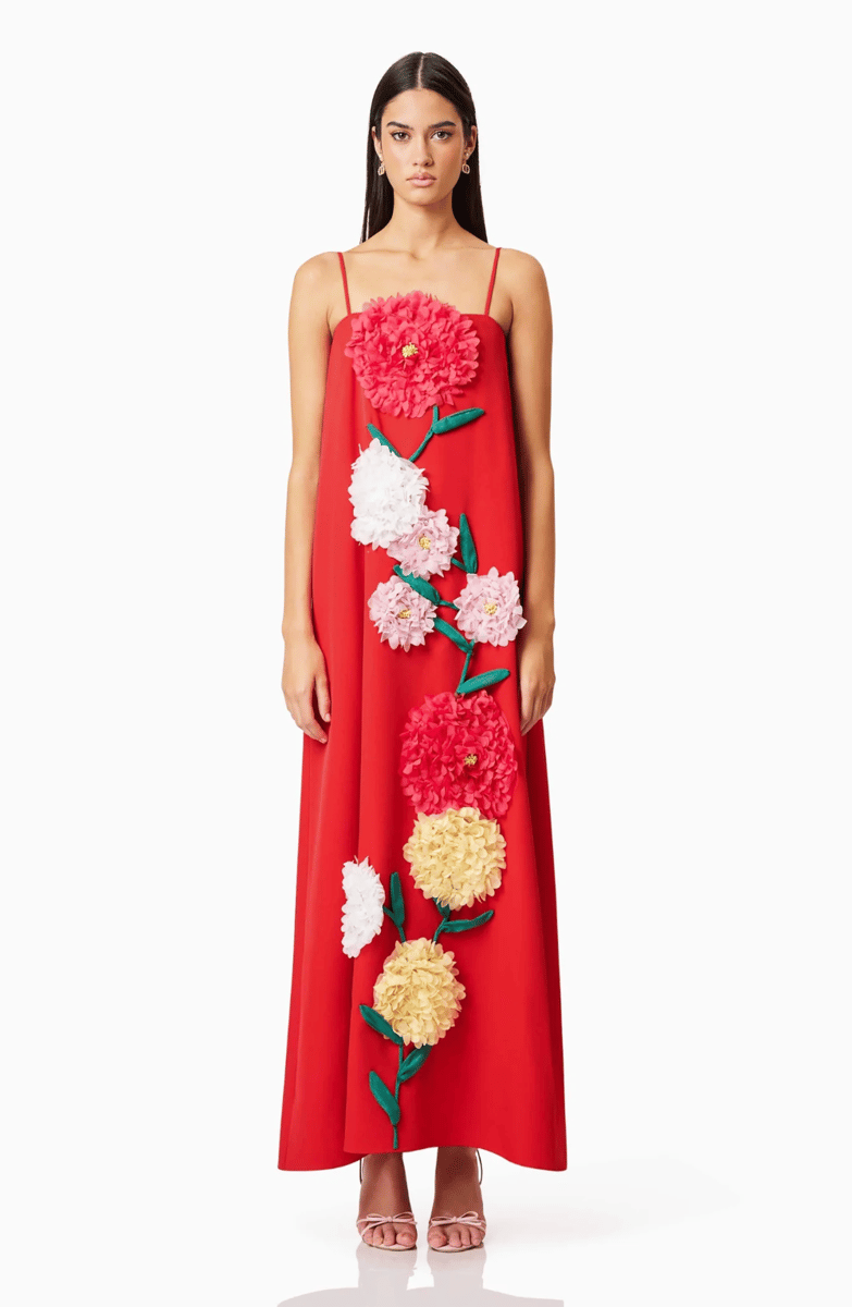 embroidered floral red maxi dress for any event.
