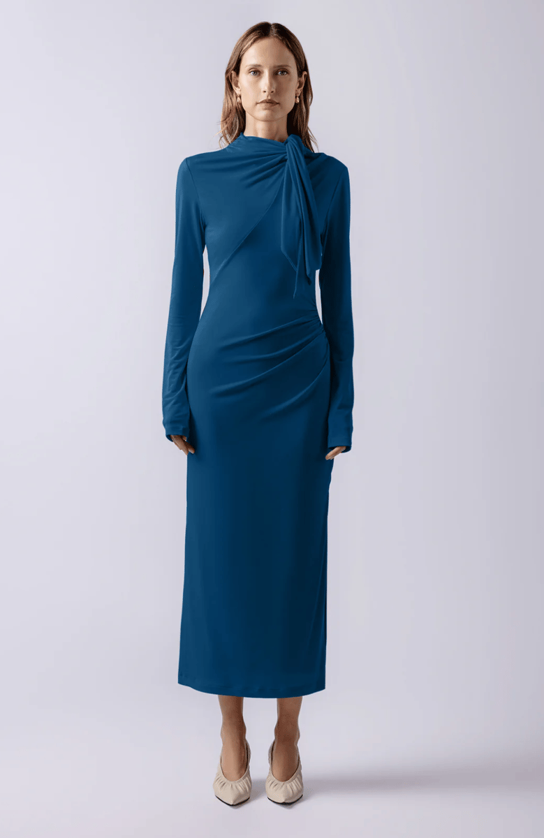 front tie neck dress in teal for any event