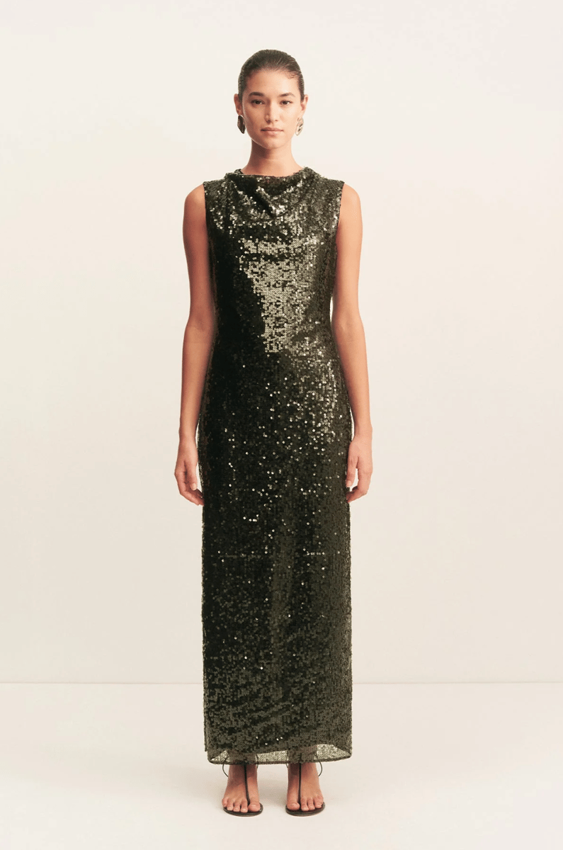 green sparkly high neck sleeveless maxi dress for any event