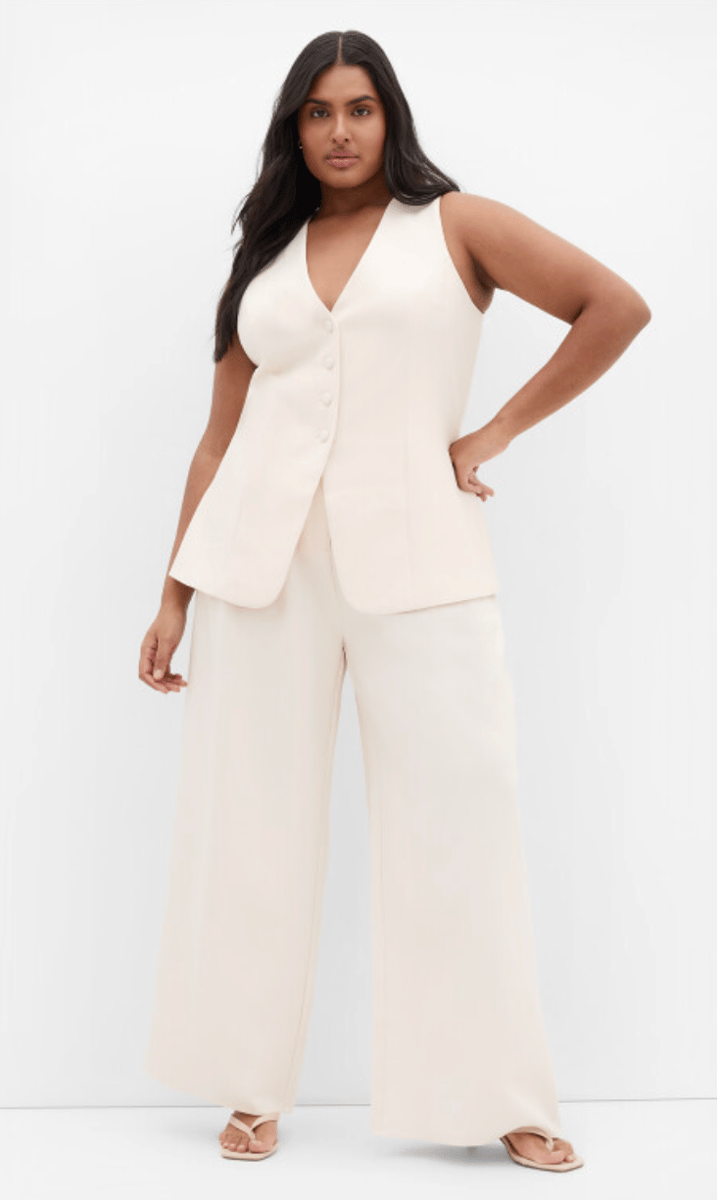 v-neck cut vest and wide leg pants in cream from city chic