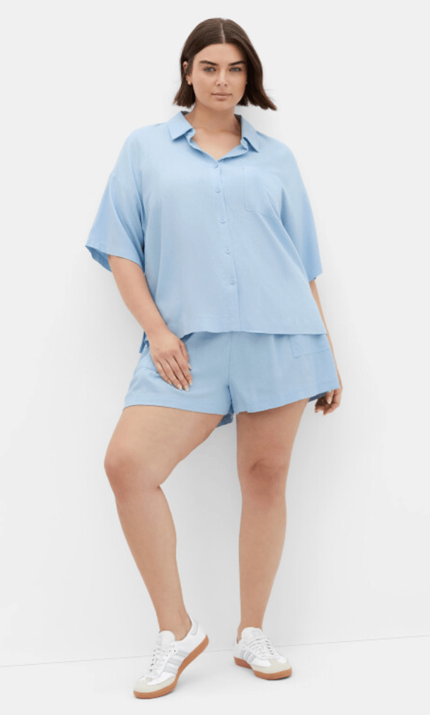 linen blend fabric shirt and shorts in light blue from city chic