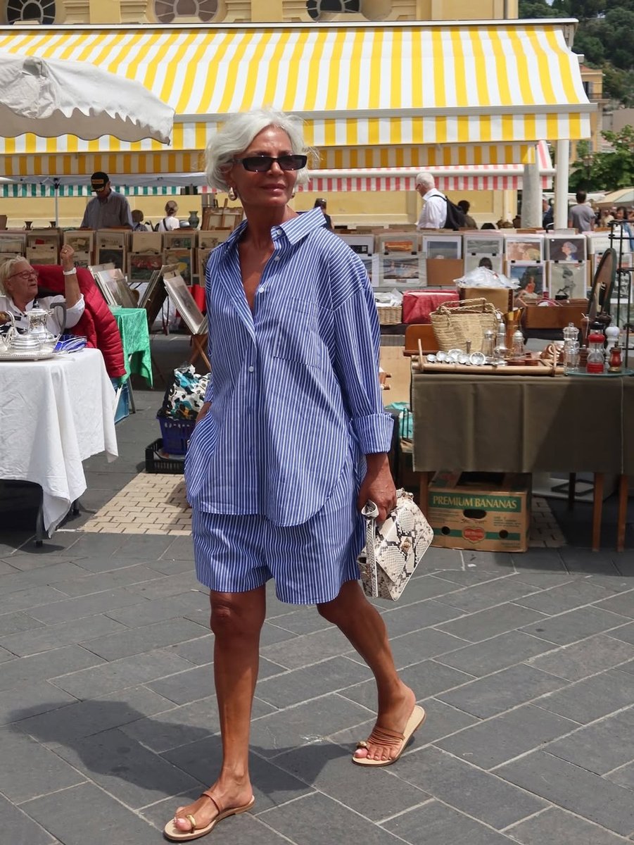 Grece Ghanem wears matching cotton shirting and shorts.