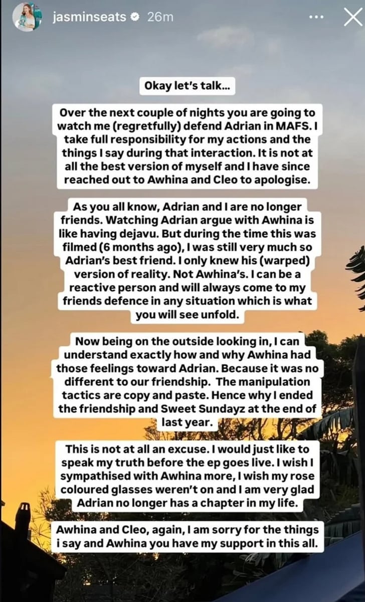 Jasminseats statement about MAFS Adrian on her Instagram