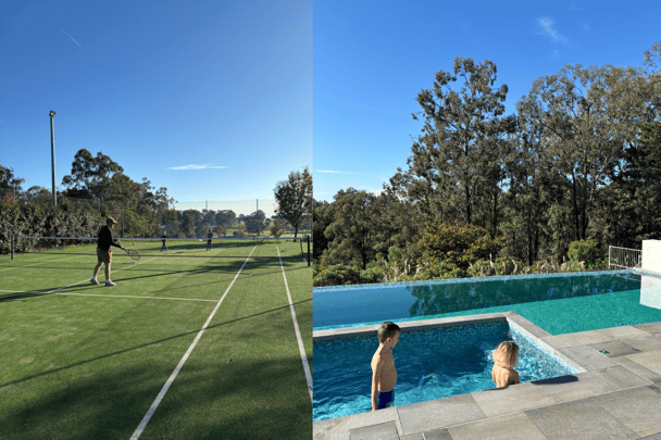 The tennis court and pool at Spicers Guesthouse Grounds