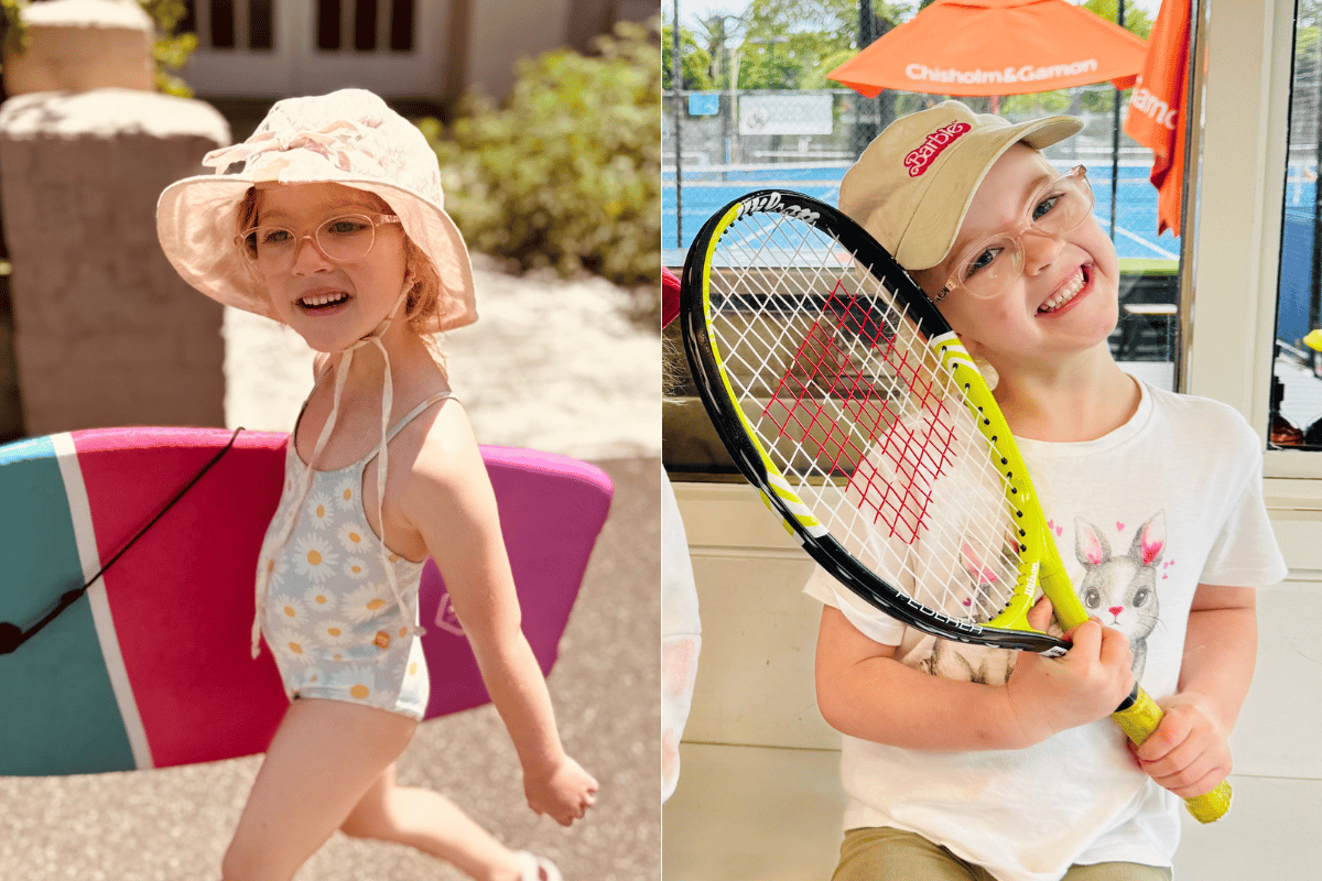 Split image of kids in extracurricular sports: a girl with a kickboard at swimming lessons and a boy holding a tennis racquet.