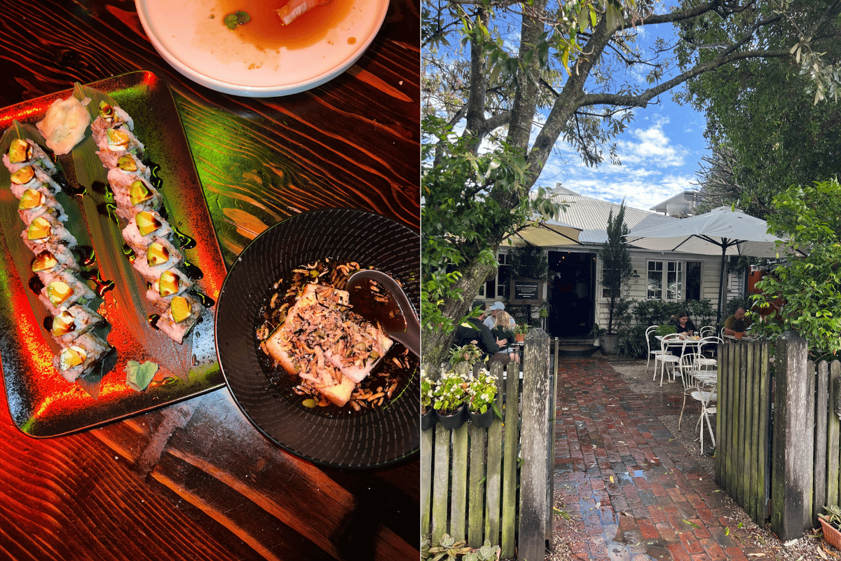 A split image of sushi platters at Etsu and a small cottage. 