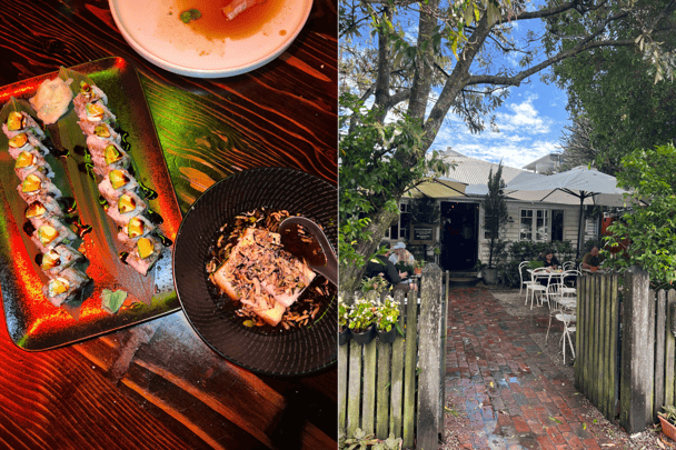 A split image of sushi platters at Etsu and a small cottage. 