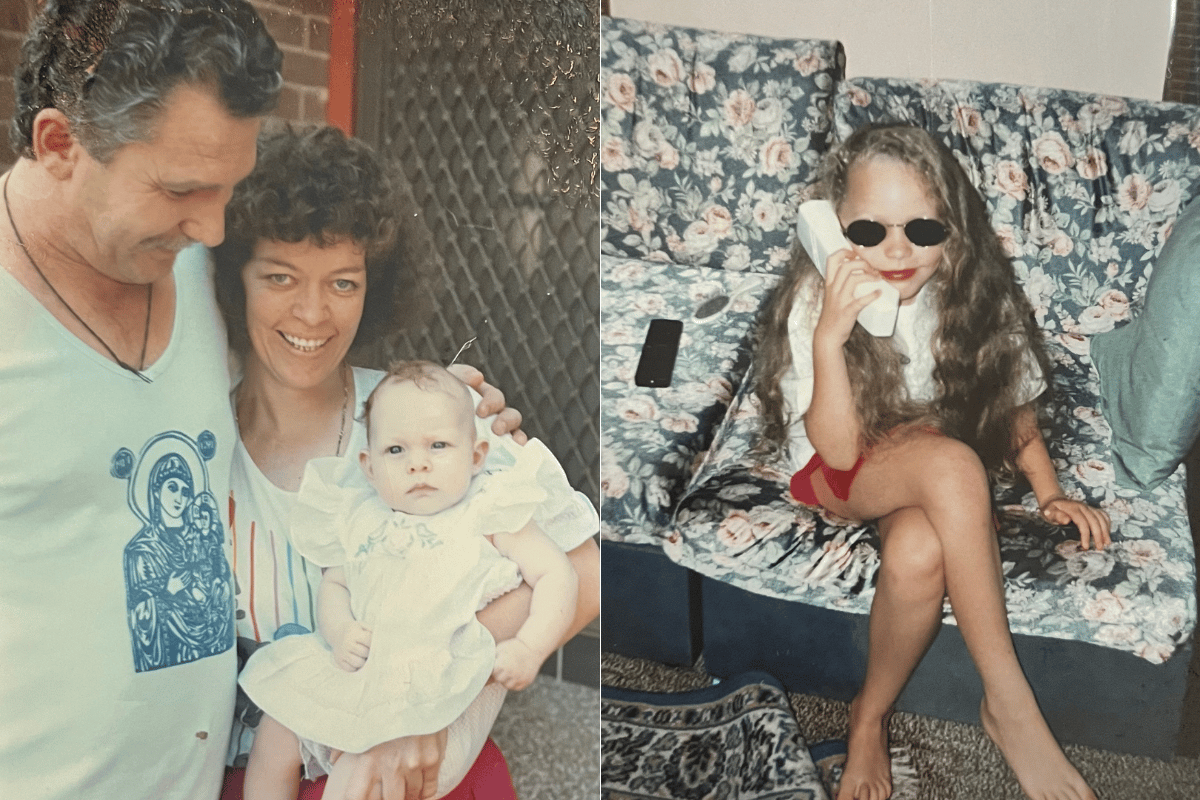Split image of a baby held by parents on the left, and a child wearing sunnies on the phone on the right.