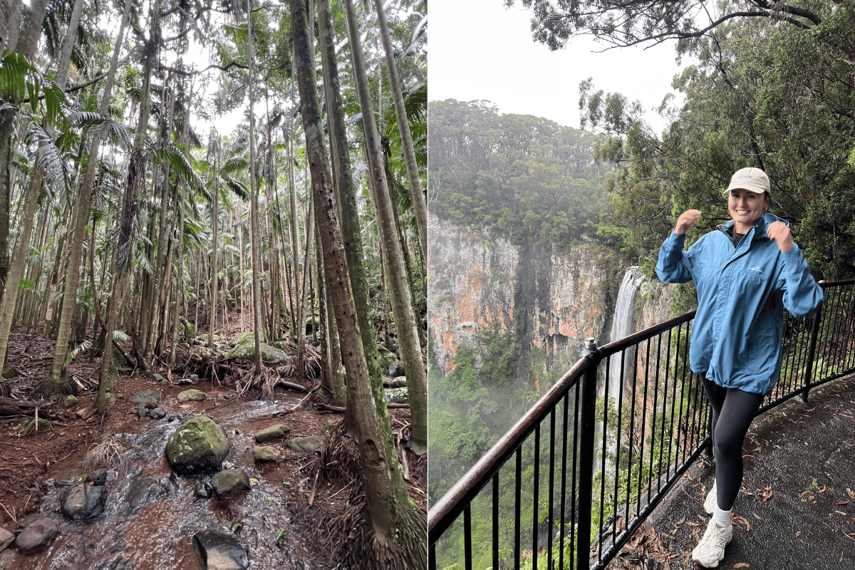 Split image of the Tamborine Mountain National Park and a girl hiking.