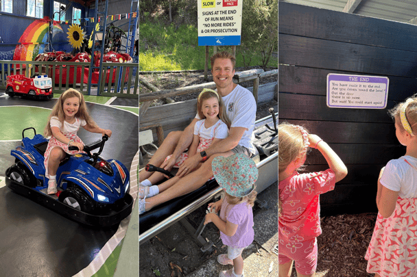 Kids having fun in various activities like bumper cars.