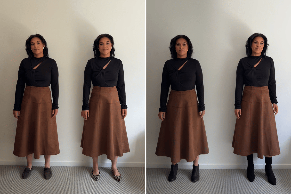 Personal stylist Emelia Morris shows how shoe choice affects midi skirt styling, wearing a black turtleneck and brown skirt with four footwear options.