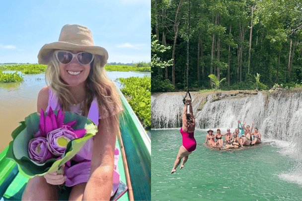 Evie Farrell smiling in a boat, then on a rope swing into the water.