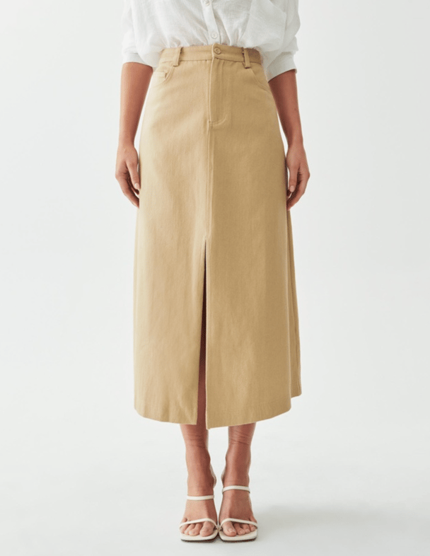 beige midi denim skirt high-waisted A-line skirt