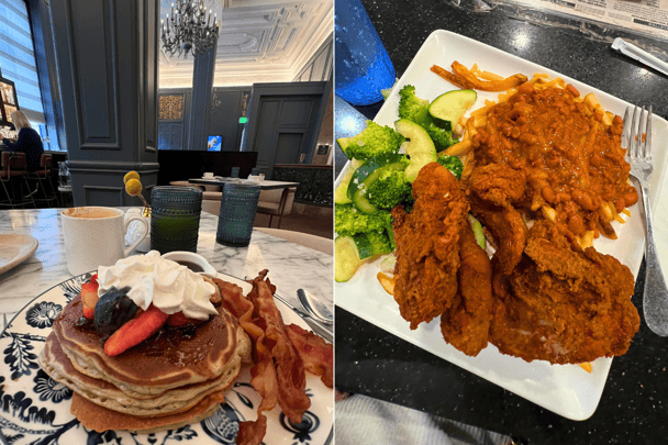 pancakes topped with whipped cream and bacon; plate of friend chicken, fries and vegetables