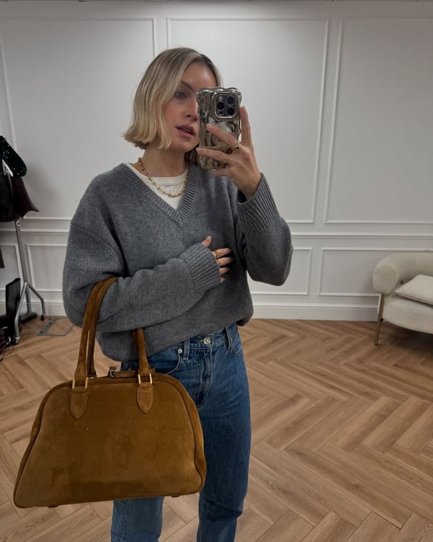 Style photo of a woman wearing grey jumper with blue jeans and brown suede bag