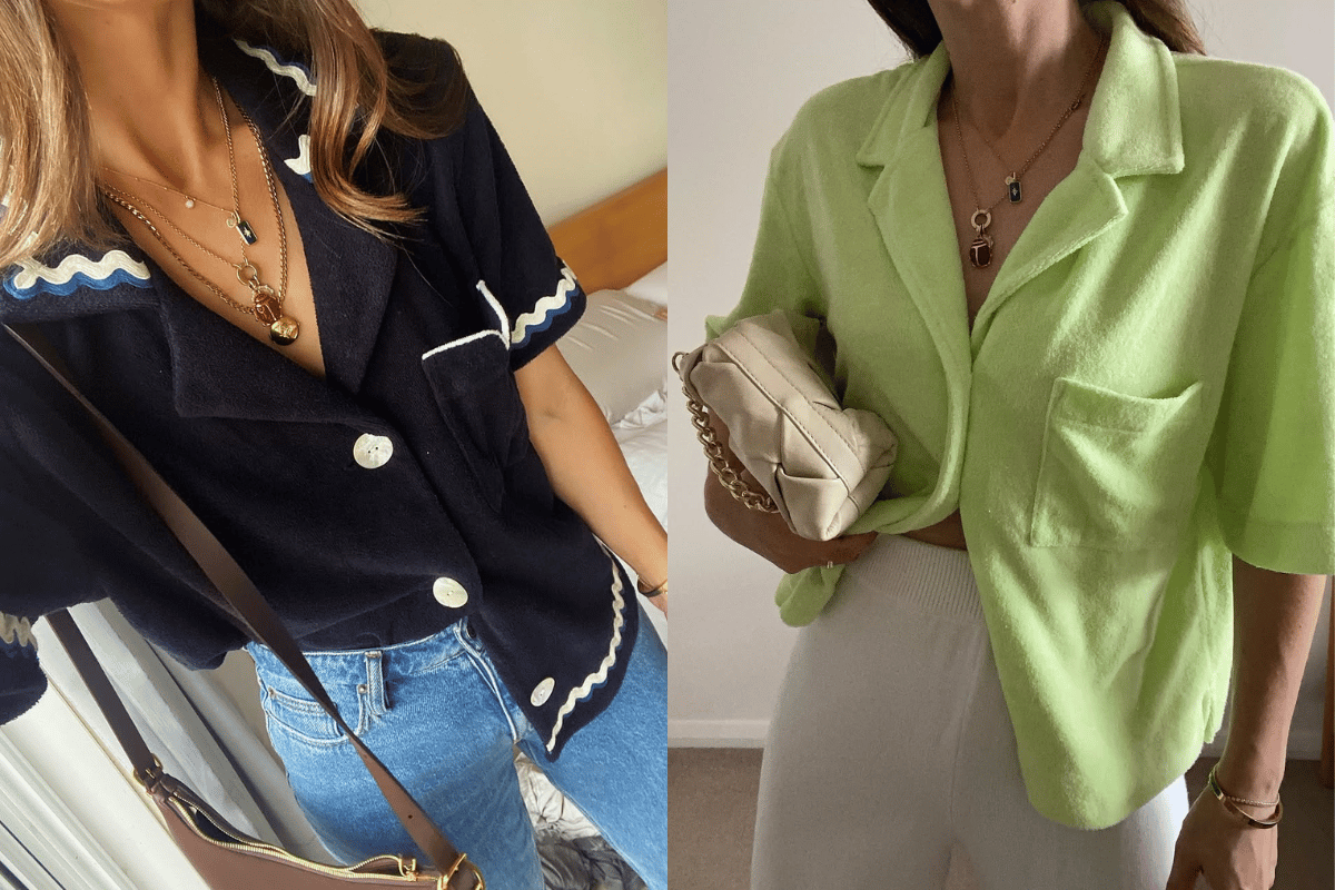 A woman wears two stylish velour shirts, one navy and one lime green.