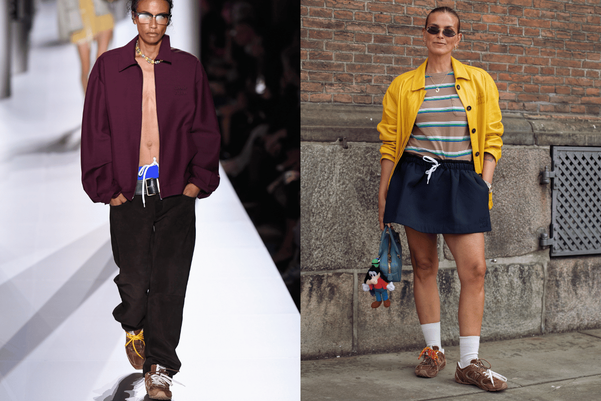 Brown sneakers on the runway at Miu Miu Spring-summer 2024, and stylist Janka Polliani wearing brown Miu Miu sneakers at Copenhagen Fashion Week