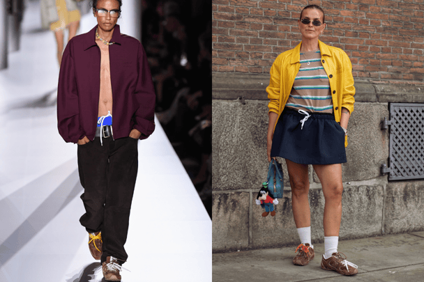 Brown sneakers on the runway at Miu Miu Spring-summer 2024, and stylist Janka Polliani wearing brown Miu Miu sneakers at Copenhagen Fashion Week