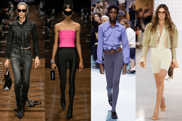 Runway images of the Balenciaga show, Prada show, and Chloe show, featuring shrunken clothing silhouettes.